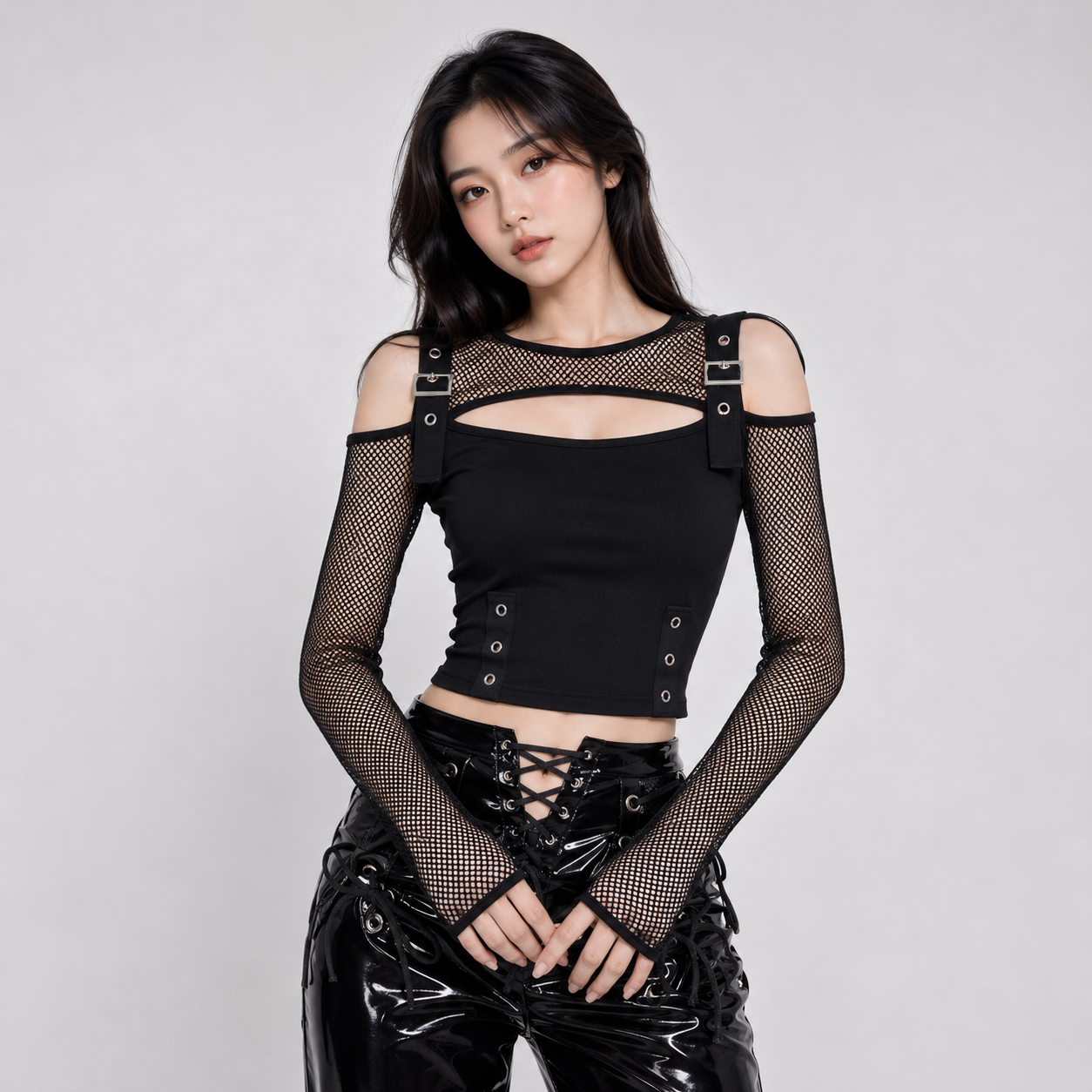 Midnight Mesh Buckle Gothic Women's Crop Top