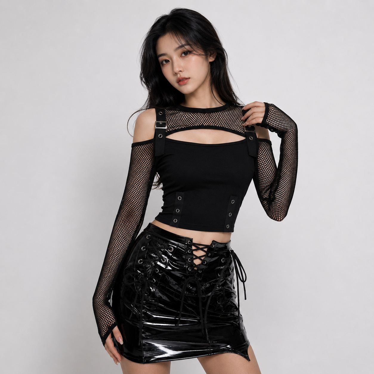 Midnight Mesh Buckle Gothic Women's Crop Top