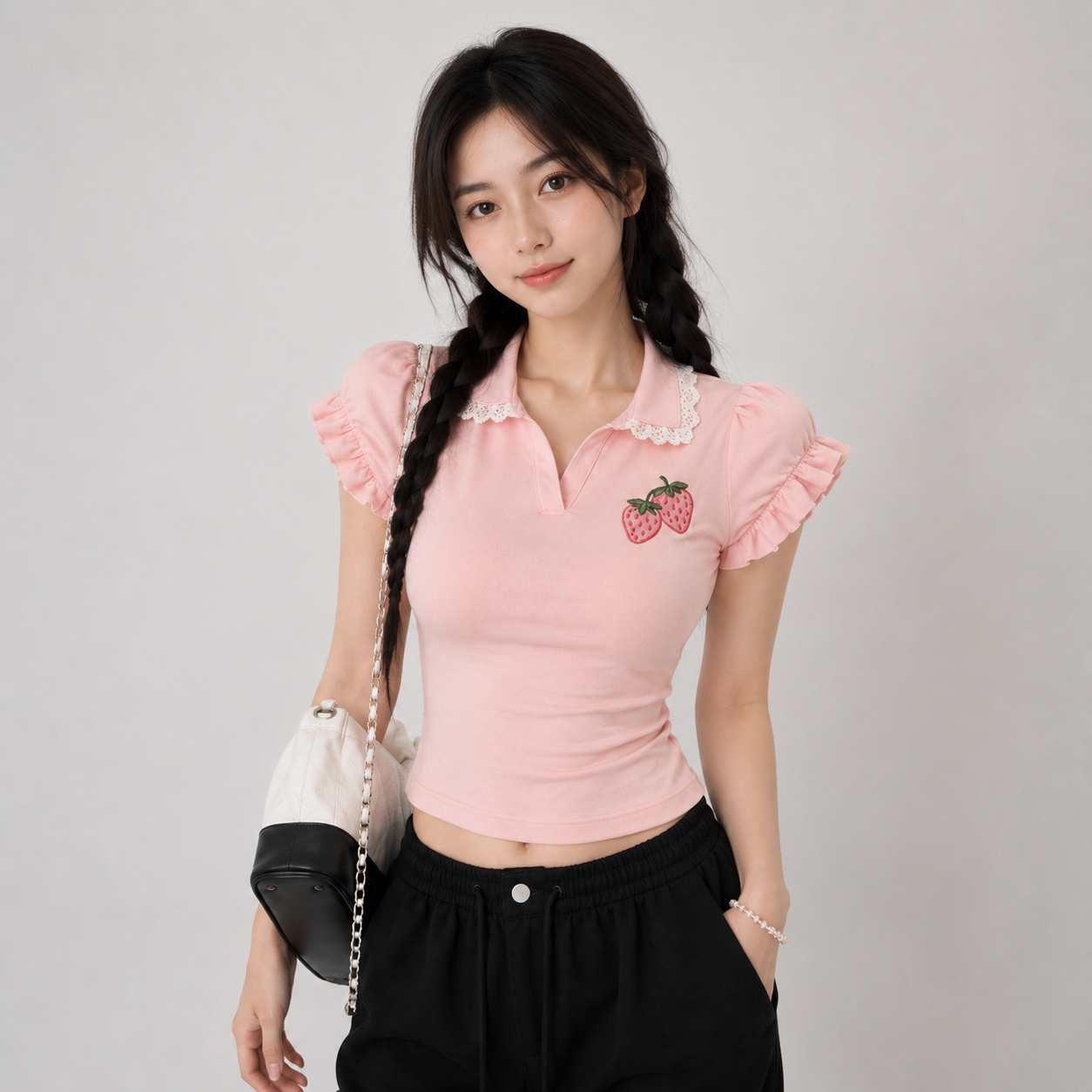 Strawberry Lace Collar Polo Womne's Top