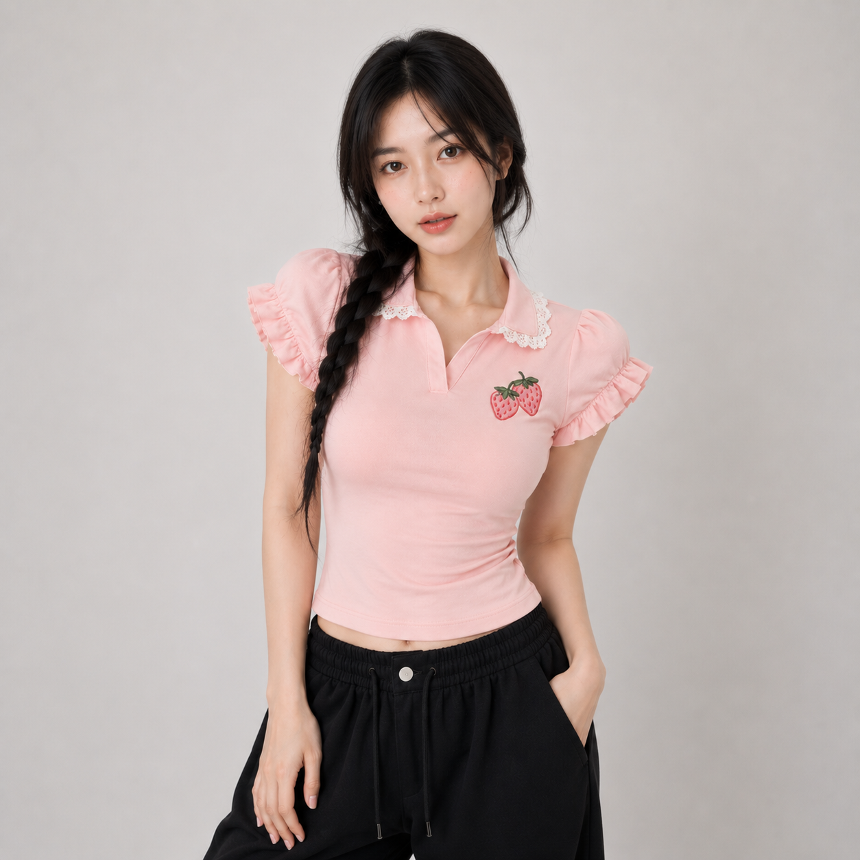 Strawberry Lace Collar Polo Womne's Top