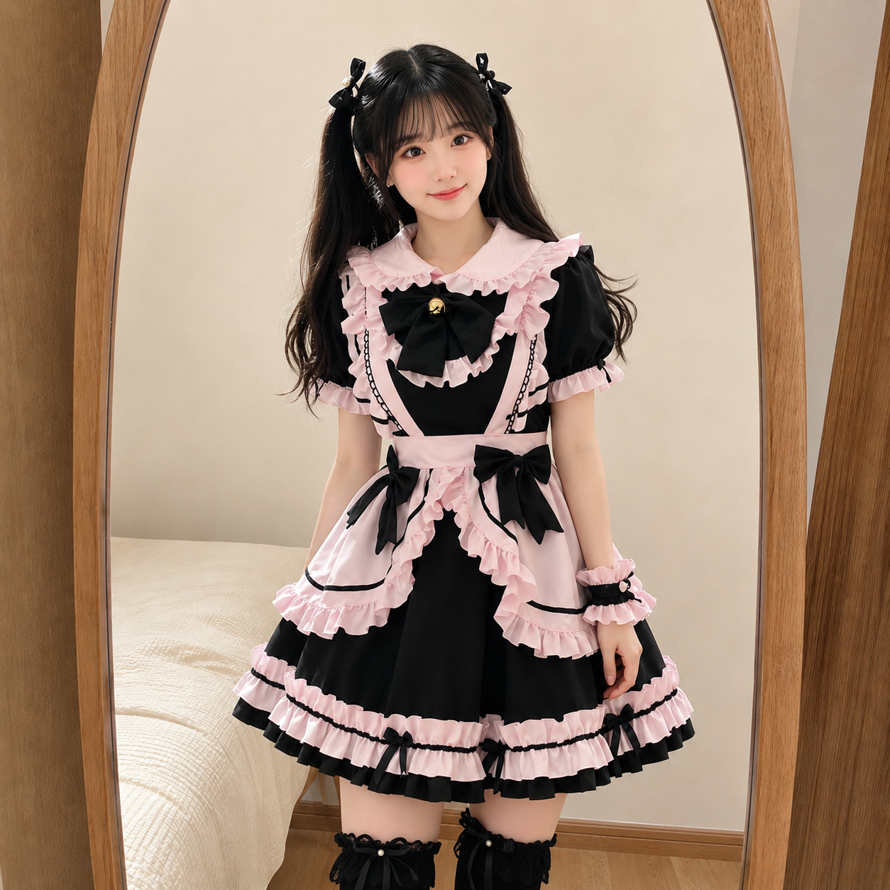 Gothic Black Pink Sweet Lolita Women's Maid Dress Bowknots