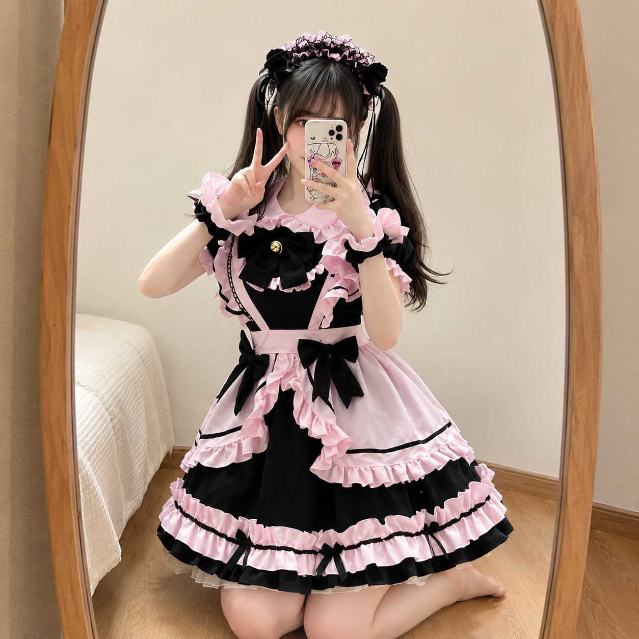 Gothic Black Pink Sweet Lolita Women's Maid Dress Bowknots