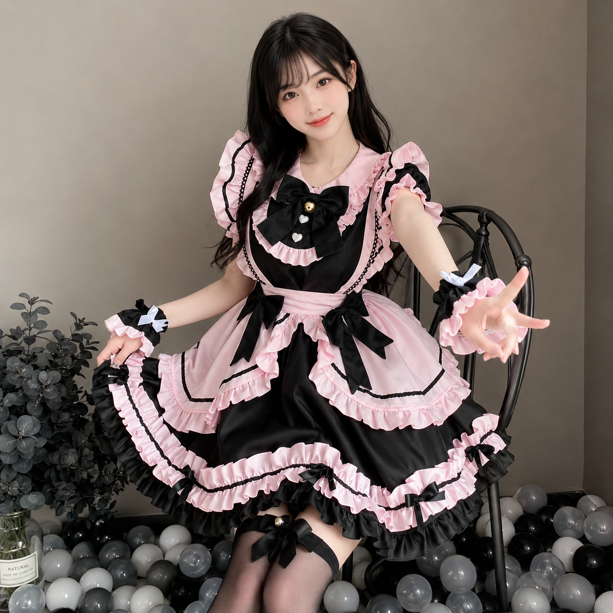 Gothic Black Pink Sweet Lolita Women's Maid Dress Bowknots
