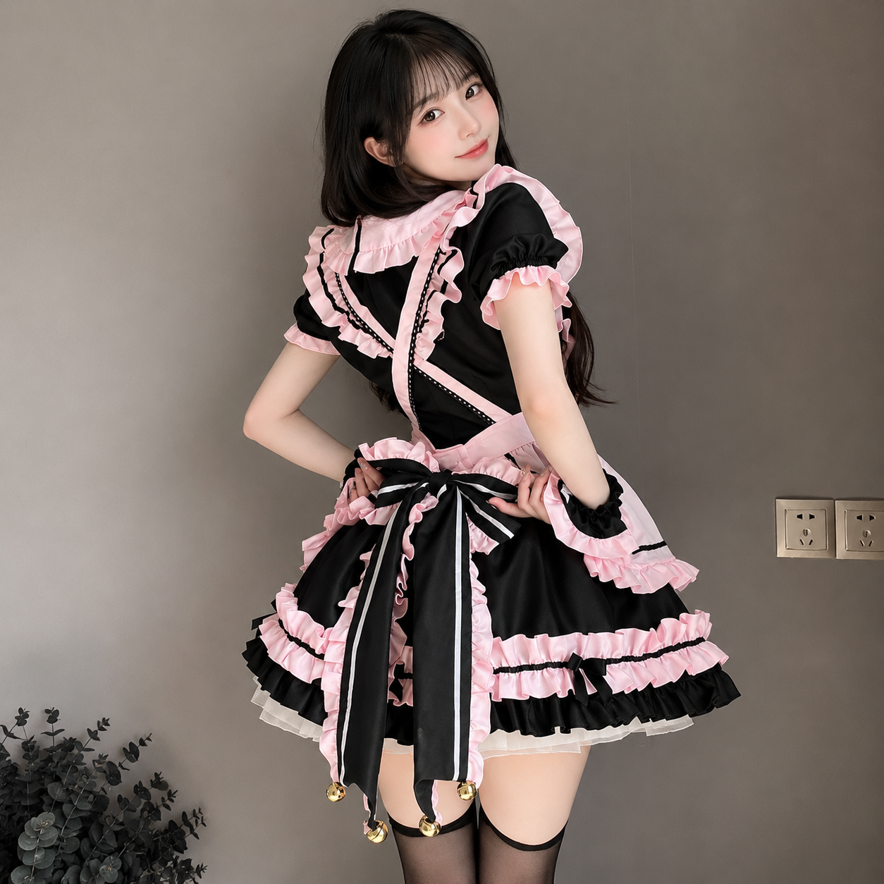Gothic Black Pink Sweet Lolita Women's Maid Dress Bowknots