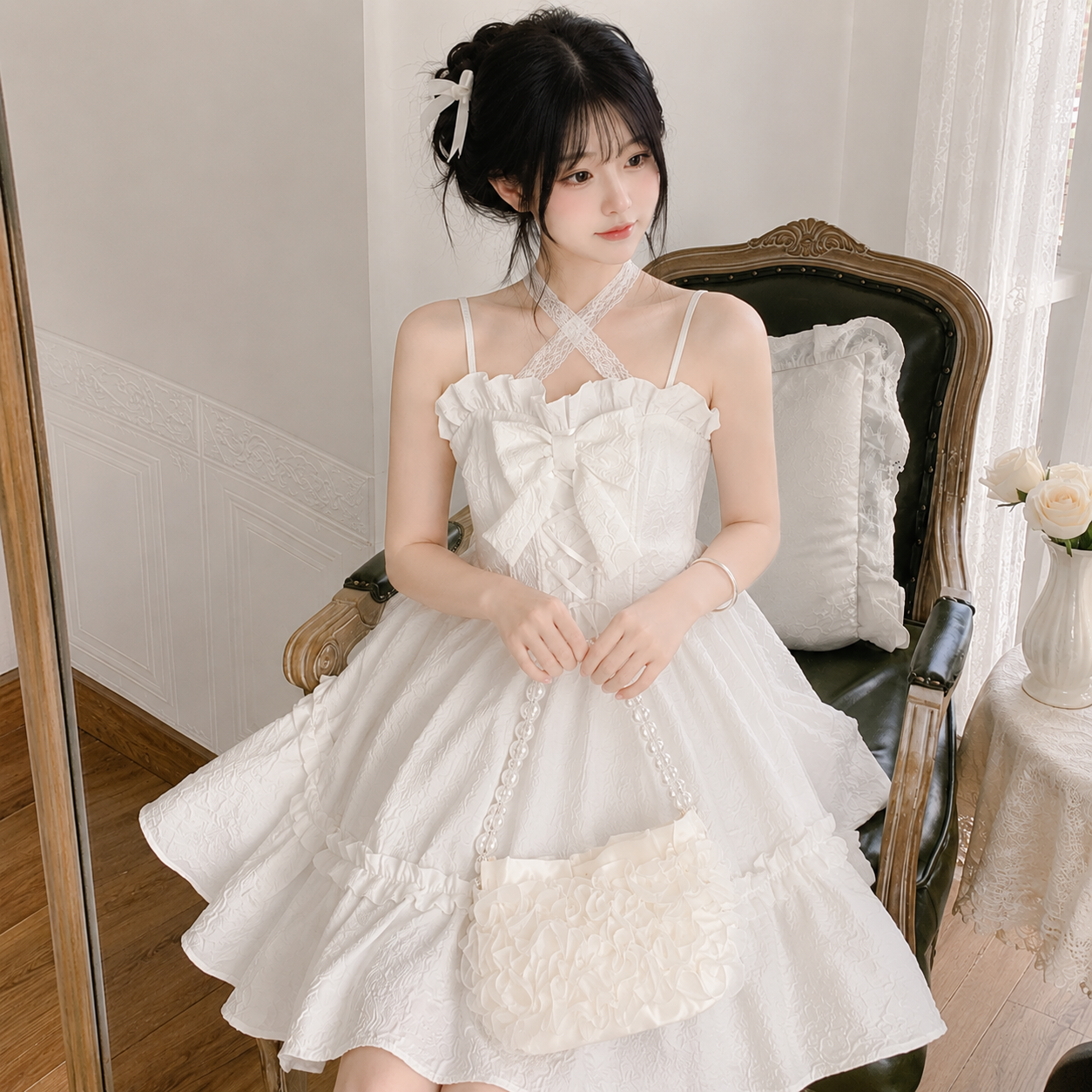 White Lolita Style Lace Bow Ruffles Women's Dress