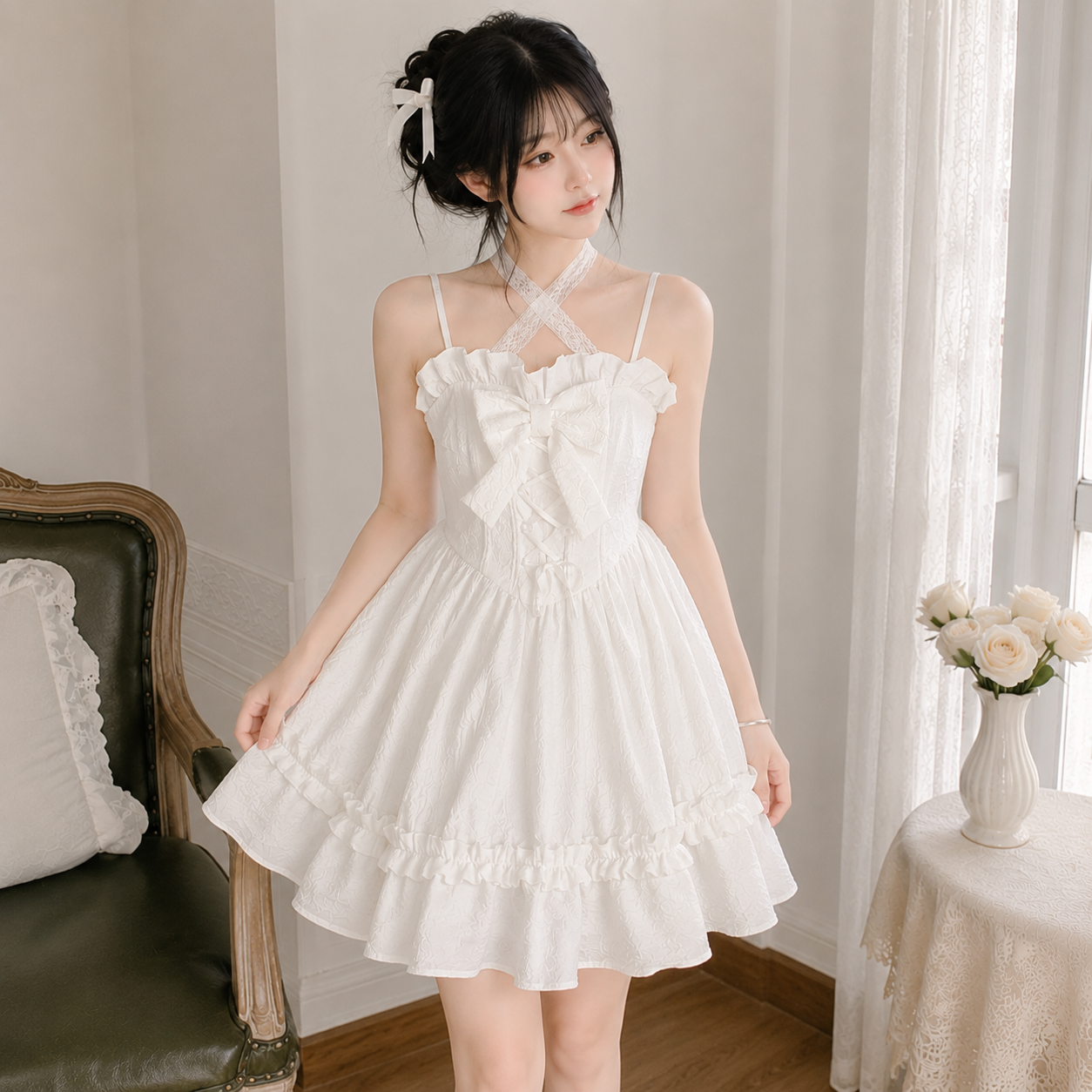 White Lolita Style Lace Bow Ruffles Women's Dress