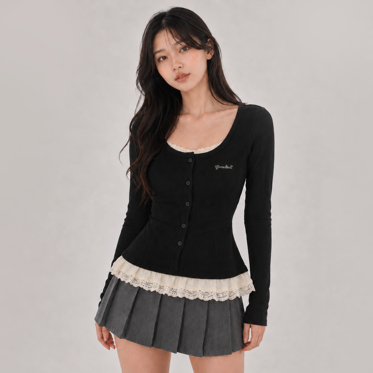 Gothic Lace Hem Gray Black Long Sleeve Women's Top