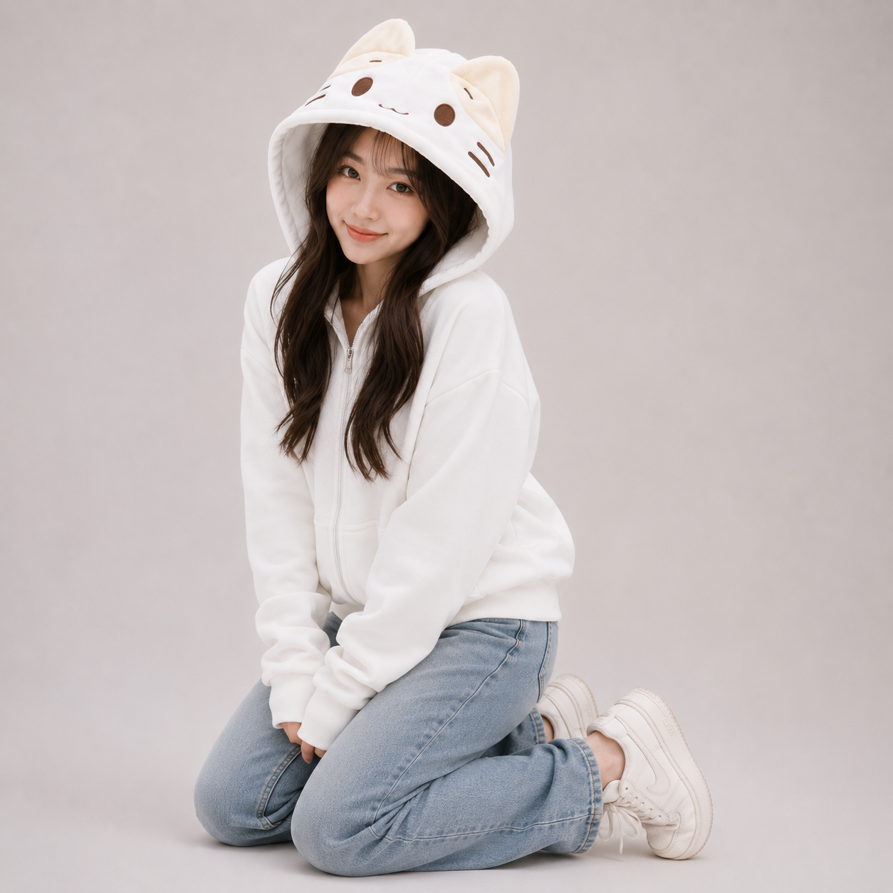 Creamy Neko Cat Unisex Zip Up Hoodie