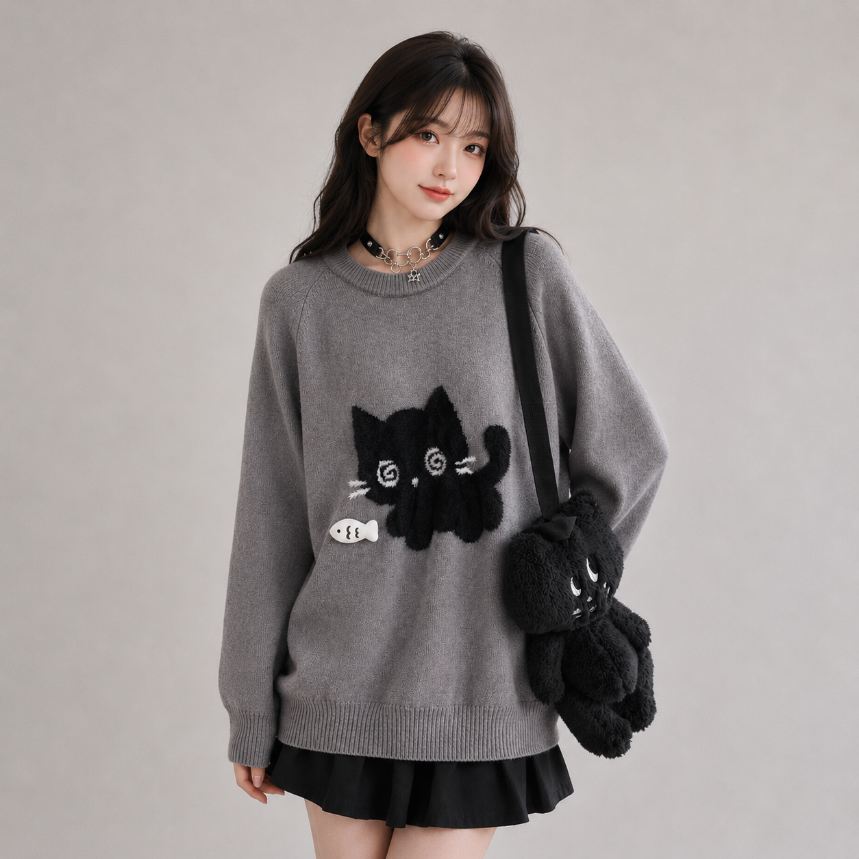 Midnight Kitty Grey Oversized Women's Sweater
