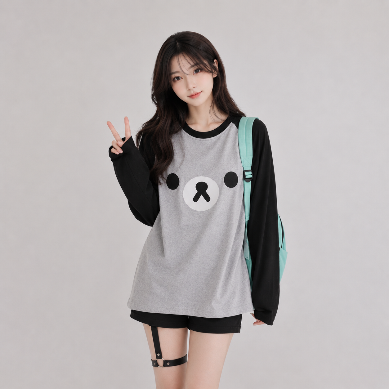 Kawaii Bear Face Oversized Long Gray Women's Top