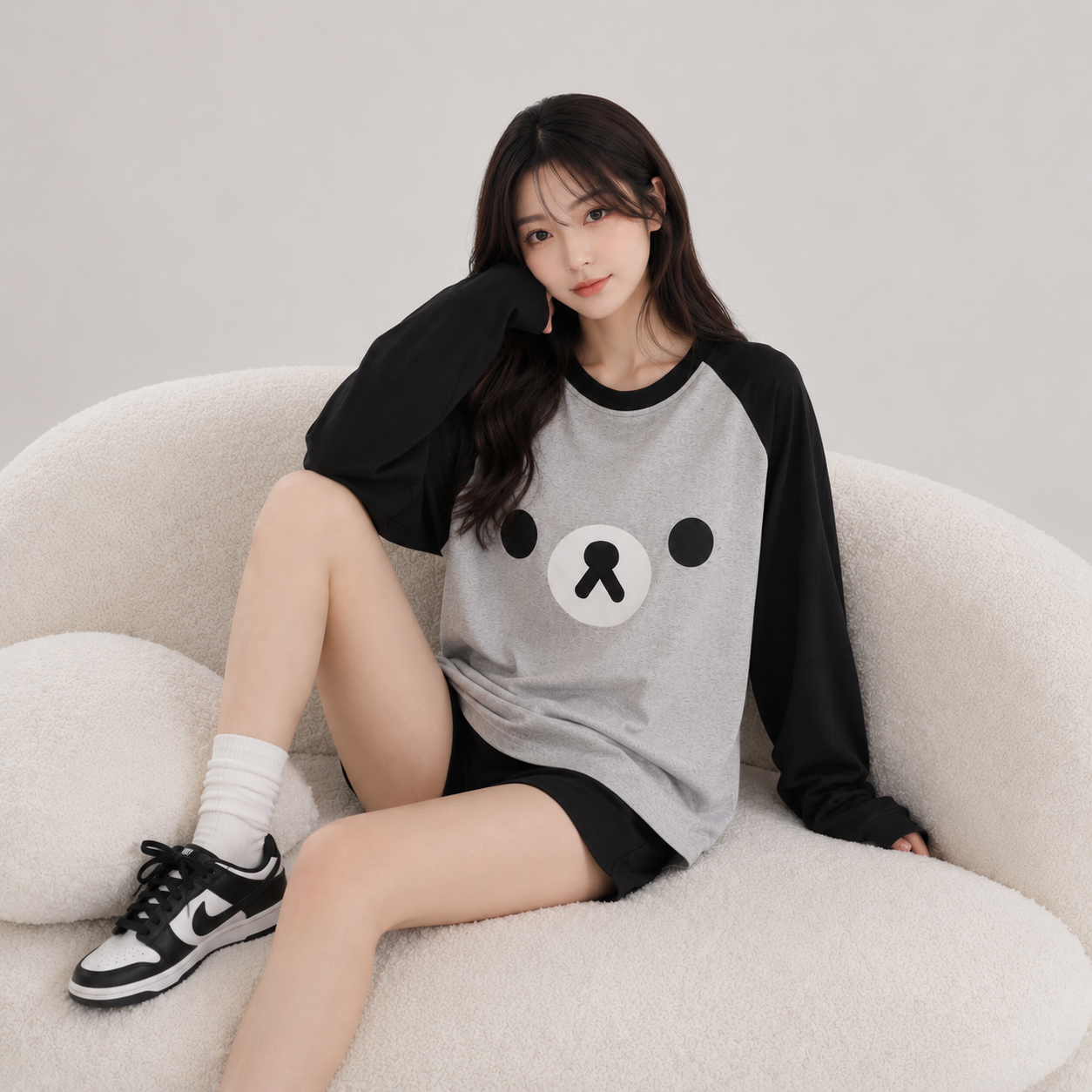 Kawaii Bear Face Oversized Long Gray Women's Top
