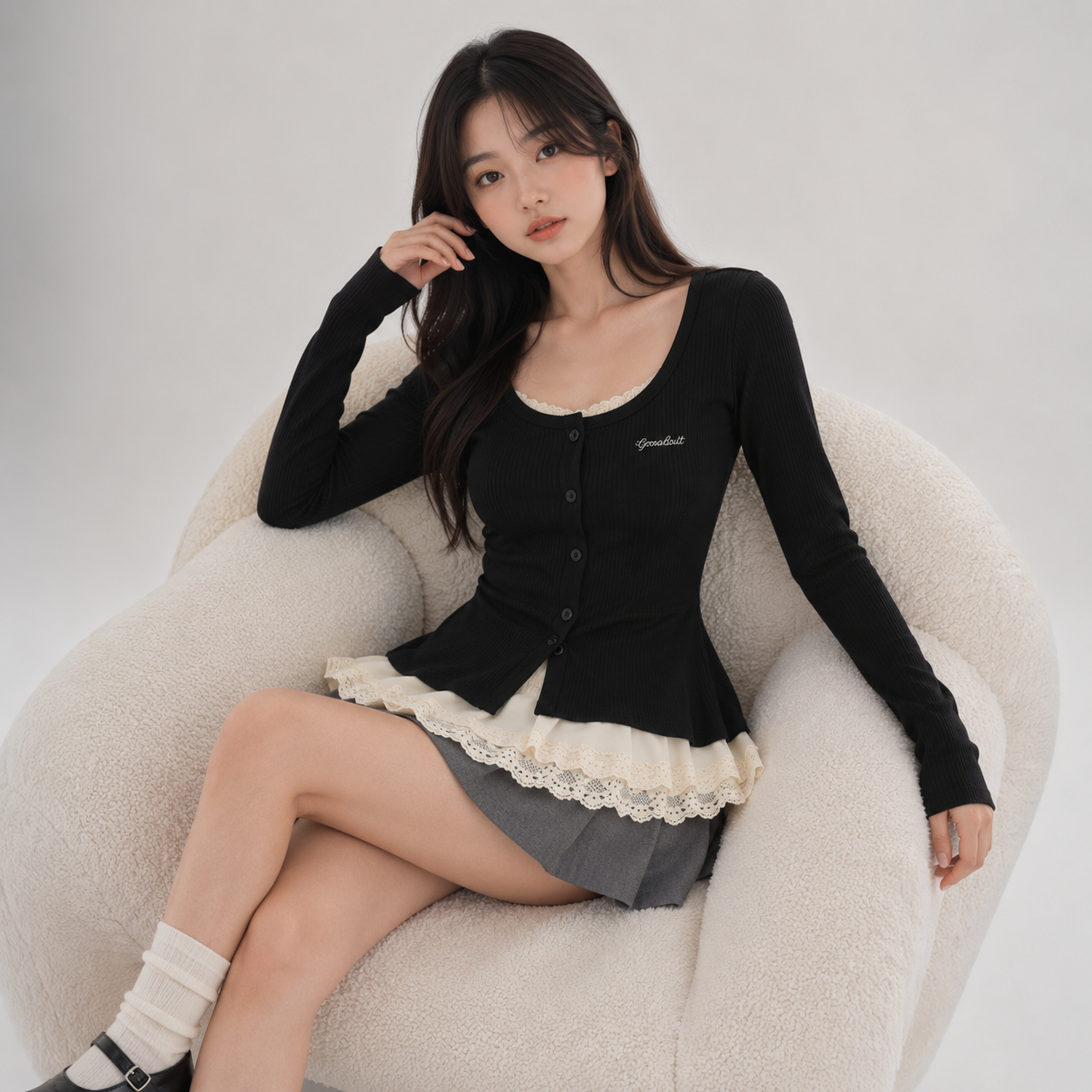 Gothic Lace Hem Gray Black Long Sleeve Women's Top