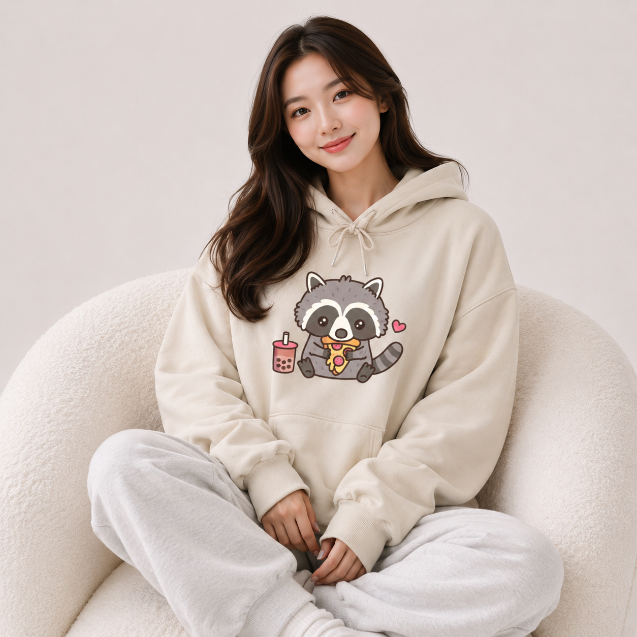 Cute Raccoon Eating Bubble Milk Tea and Pizza Unisex Hoodies