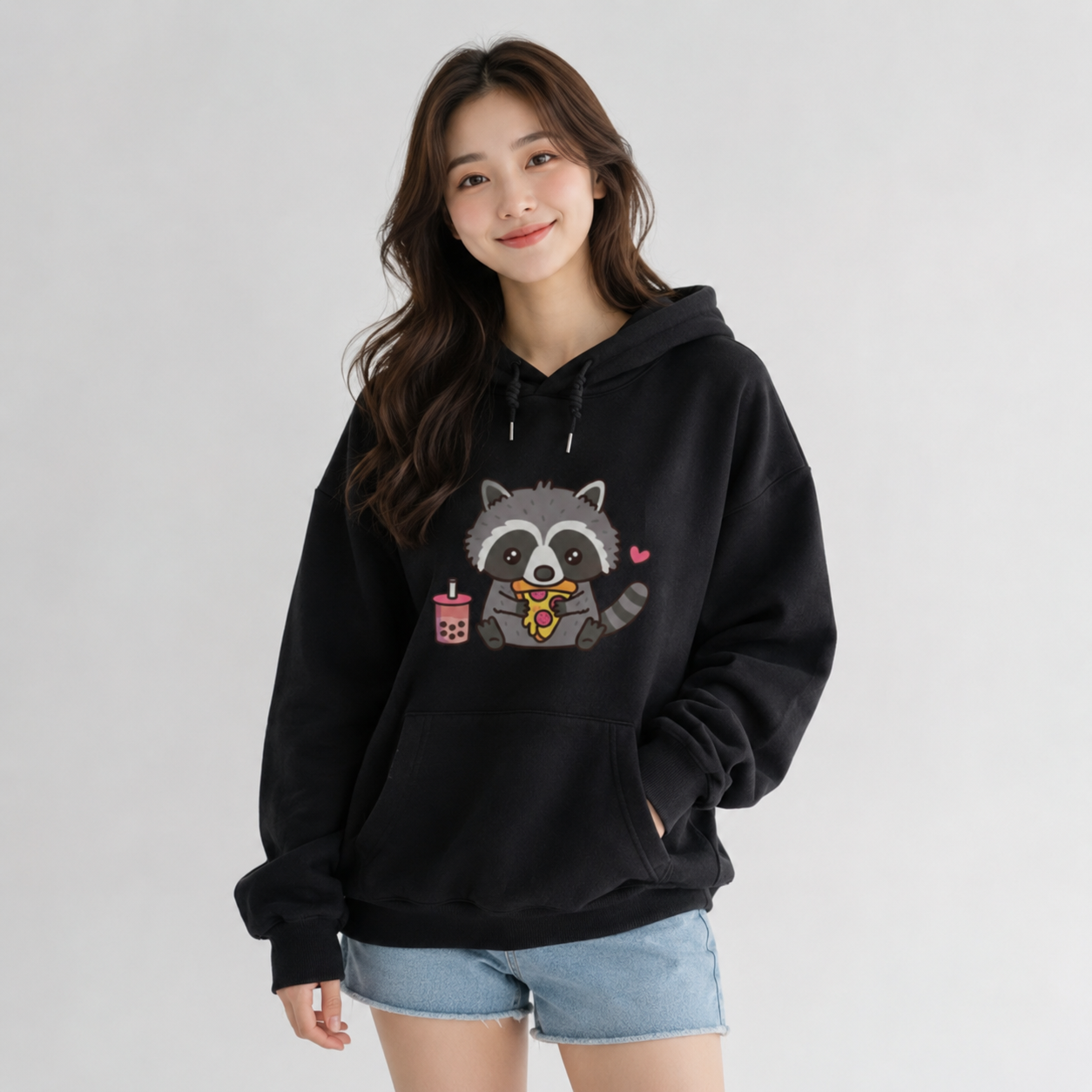 Cute Raccoon Eating Bubble Milk Tea and Pizza Unisex Hoodies