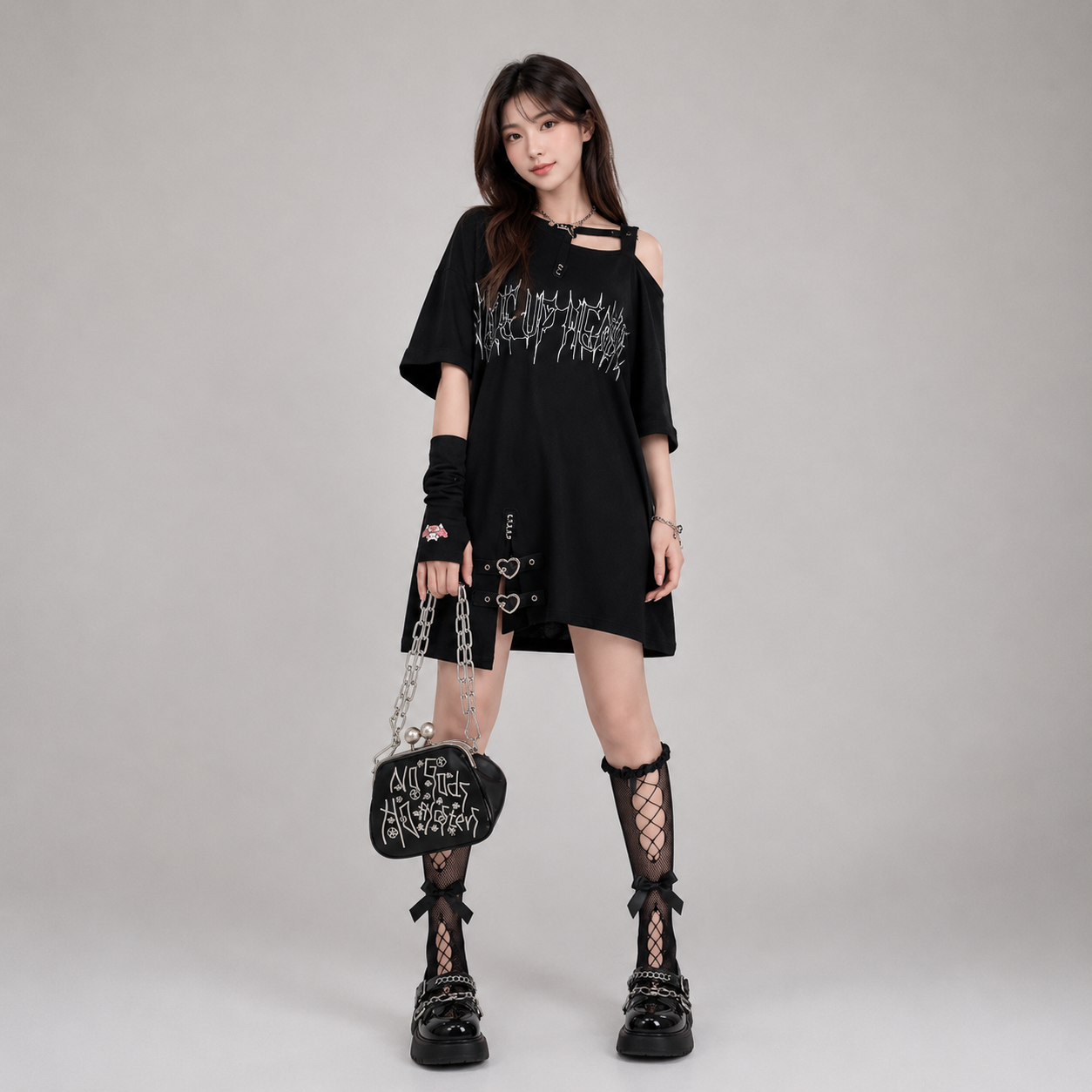 Black 'Make Up Heart' Punk Women's Oversized Tee
