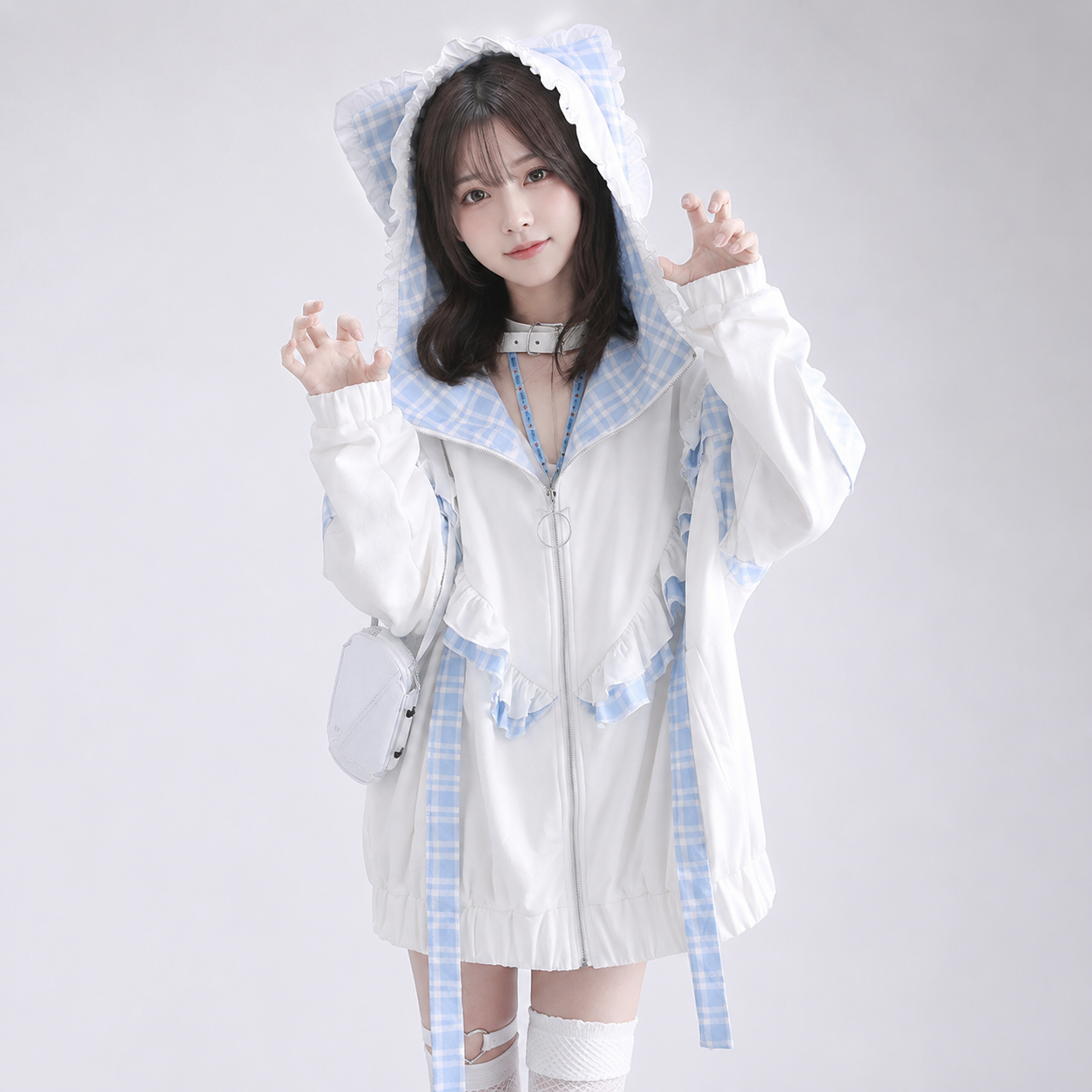 Kawaii Lolita Checkered Cat-Eared Zip-Up White Black Hoodie