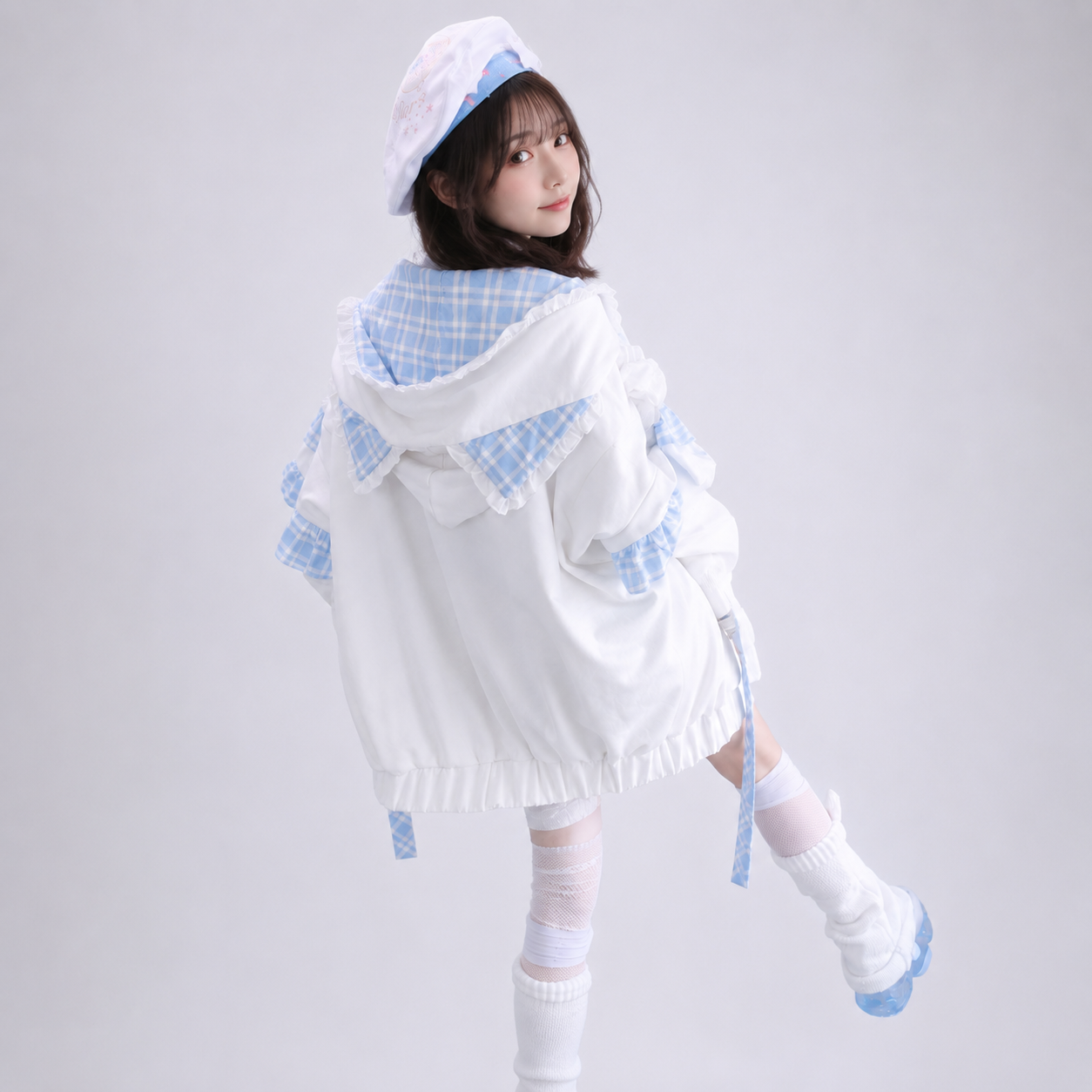 Kawaii Lolita Checkered Cat-Eared Zip-Up White Black Hoodie