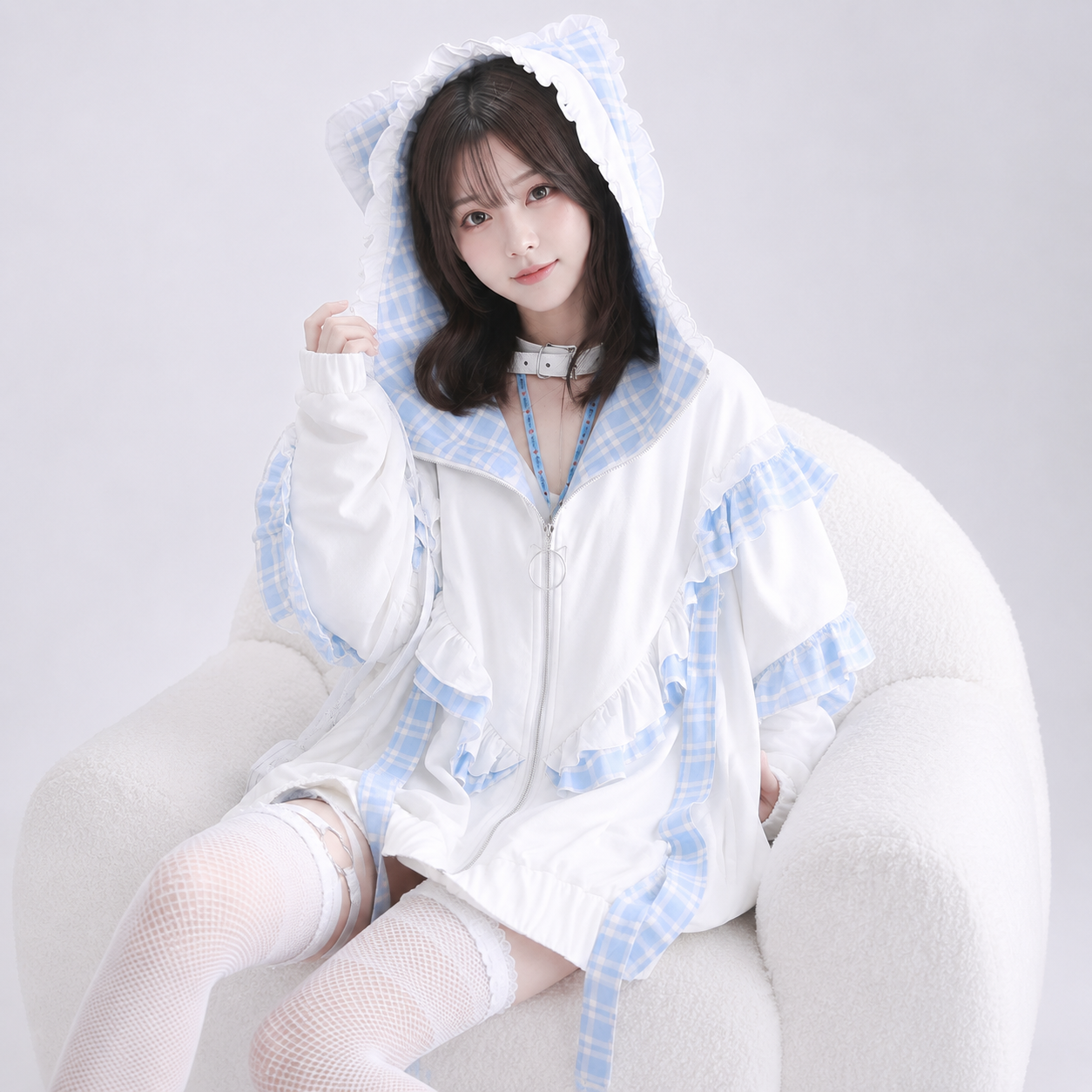 Kawaii Lolita Checkered Cat-Eared Zip-Up White Black Hoodie