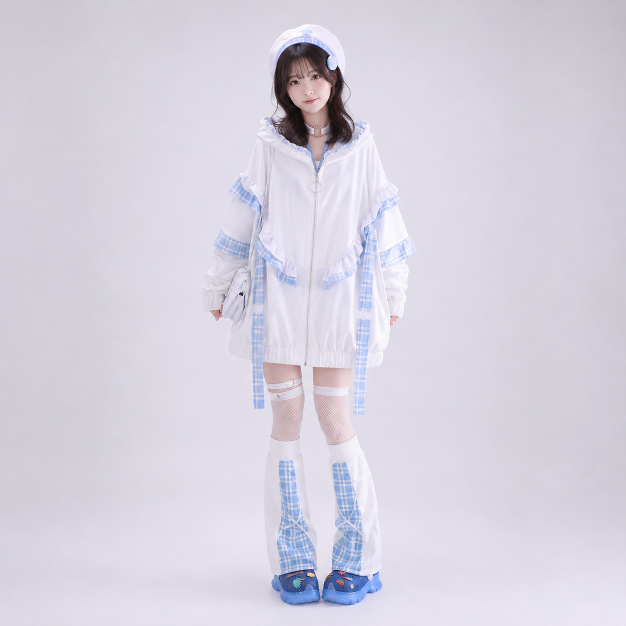 Kawaii Lolita Checkered Cat-Eared Zip-Up White Black Hoodie