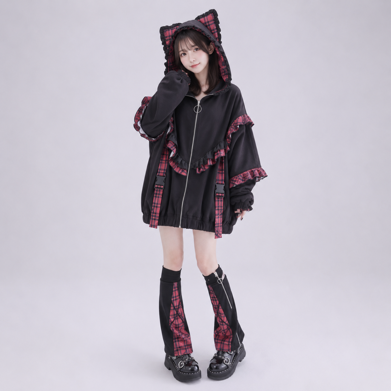 Kawaii Lolita Checkered Cat-Eared Zip-Up White Black Hoodie