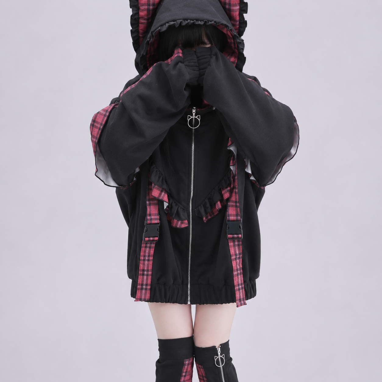 Kawaii Lolita Checkered Cat-Eared Zip-Up White Black Hoodie