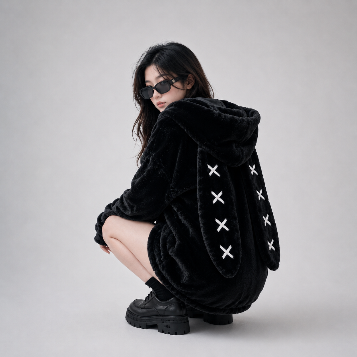 Goth Bunny Oversized Fluffy Zipper Black Jacket