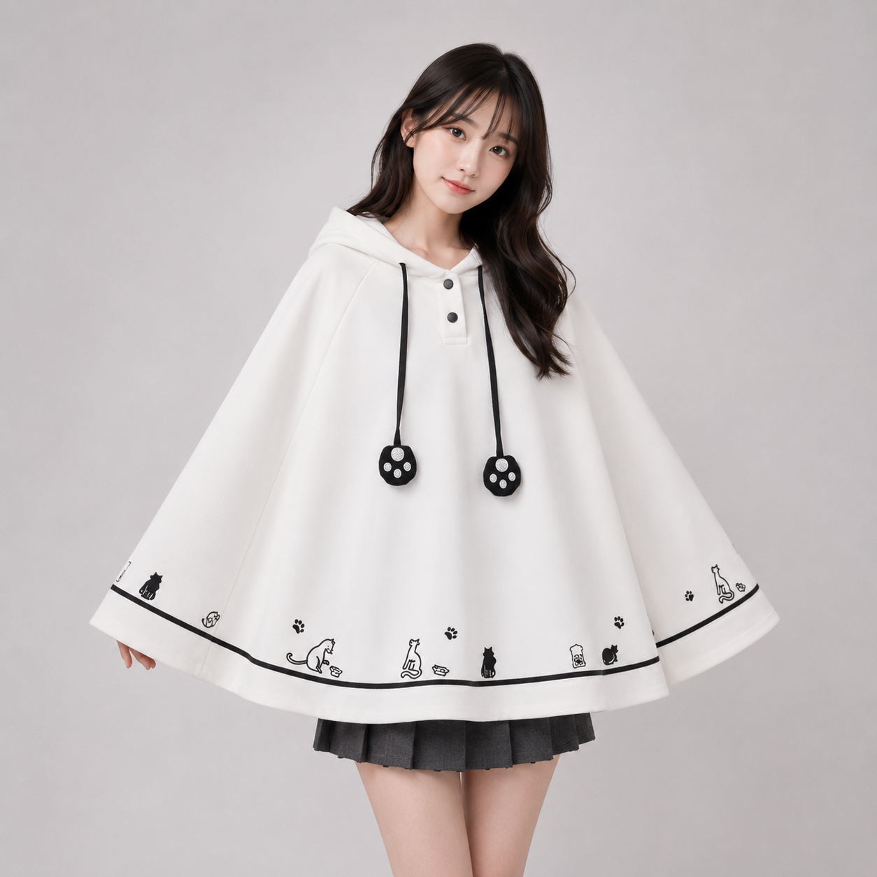 Kawaii White Black Hooded Cat Ears Oversized Ponchos Coats