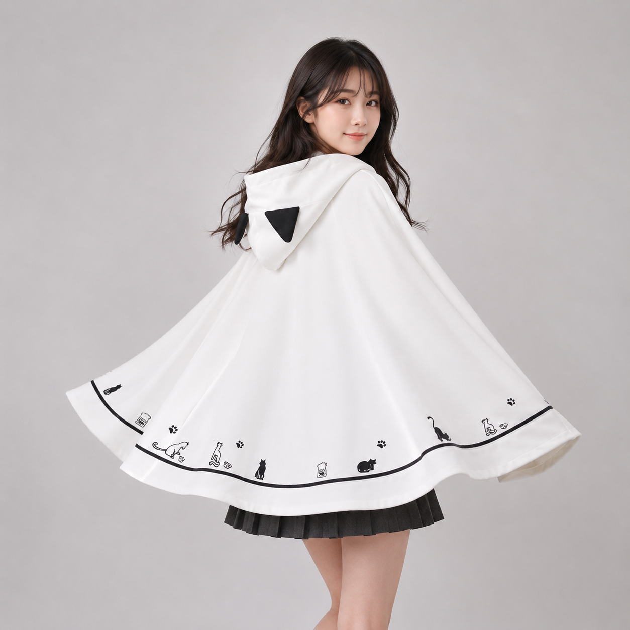 Kawaii White Black Hooded Cat Ears Oversized Ponchos Coats