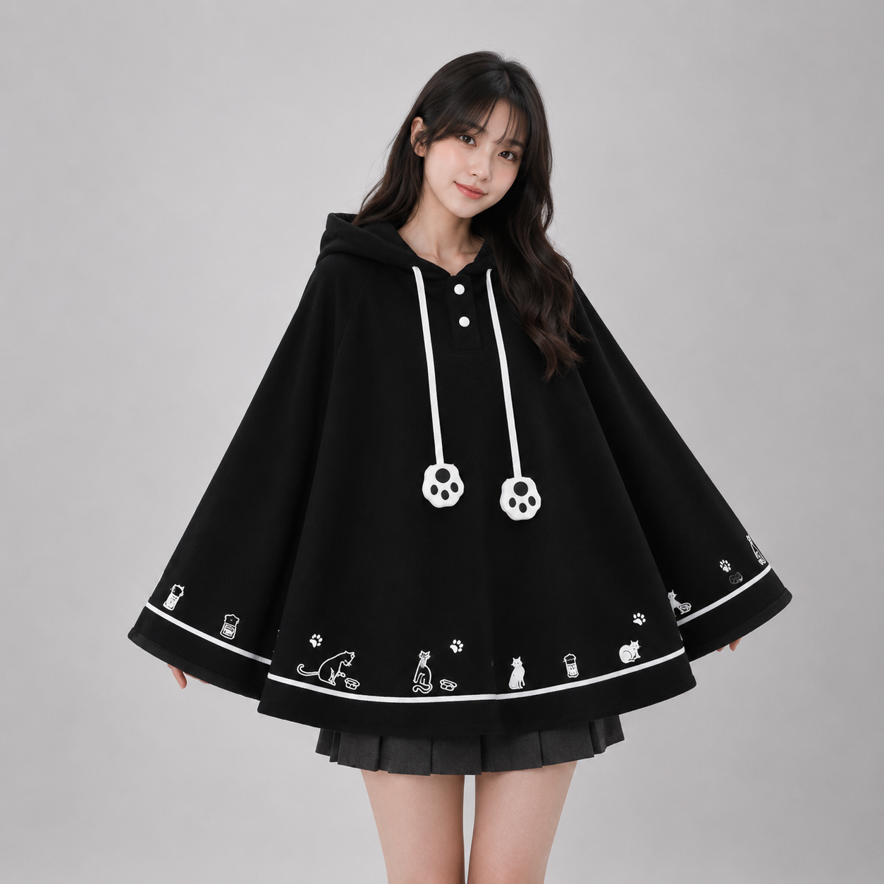 Kawaii White Black Hooded Cat Ears Oversized Ponchos Coats