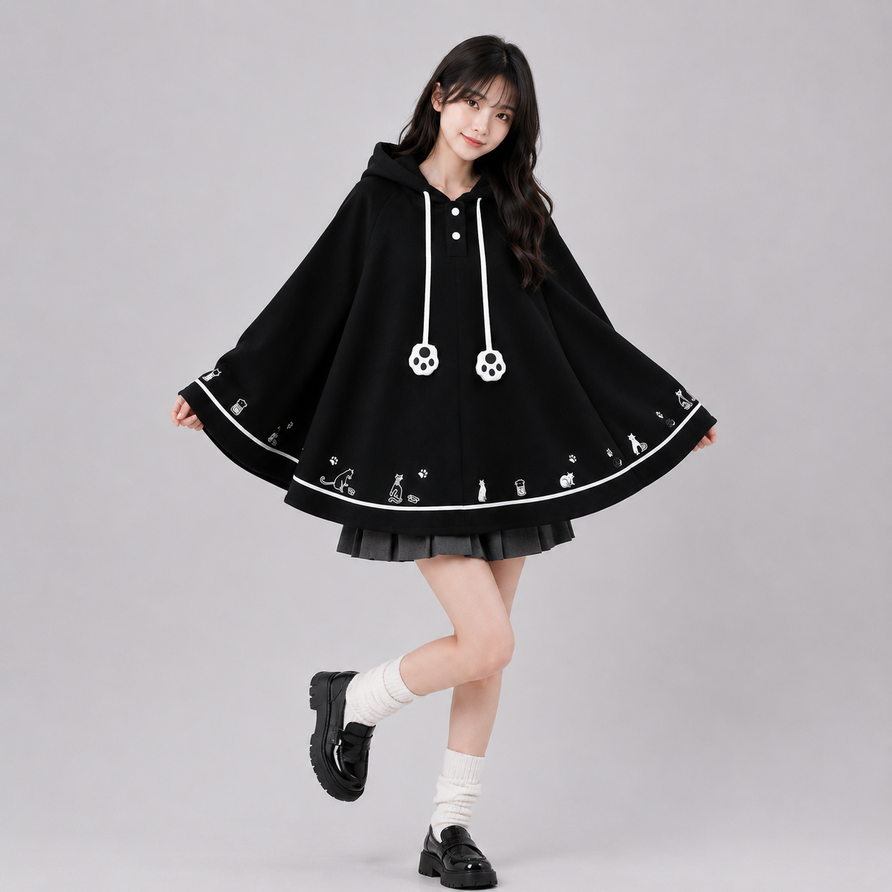 Kawaii White Black Hooded Cat Ears Oversized Ponchos Coats