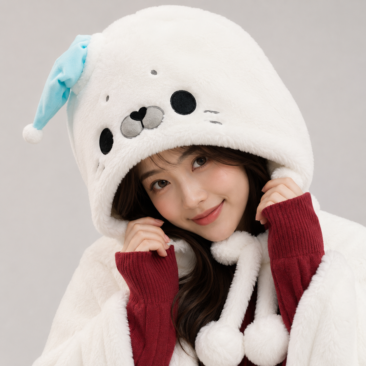 Fluffy White Seal Cloak Hooded Blanket Cape