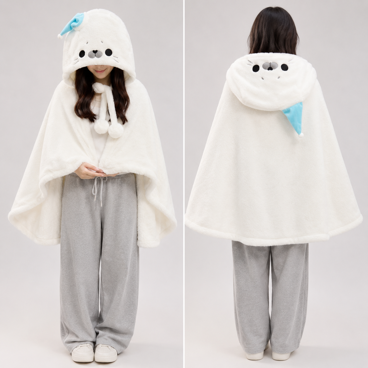Fluffy White Seal Cloak Hooded Blanket Cape