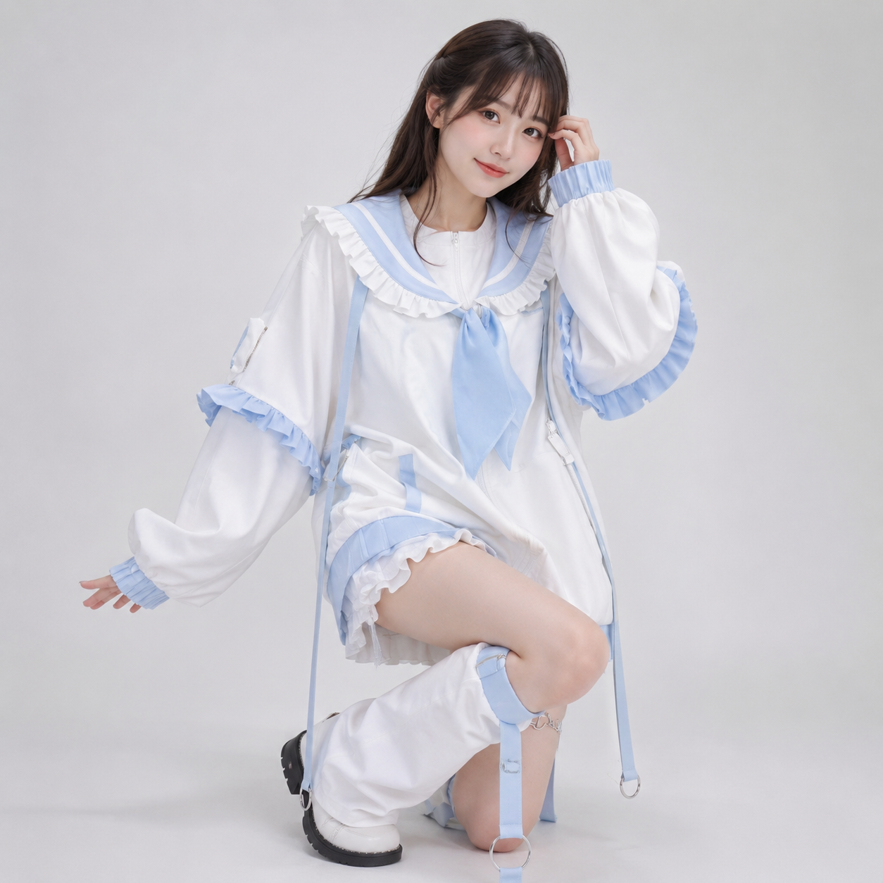Sweetheart Harajuku White Blue Ruffles Zipper Jacket