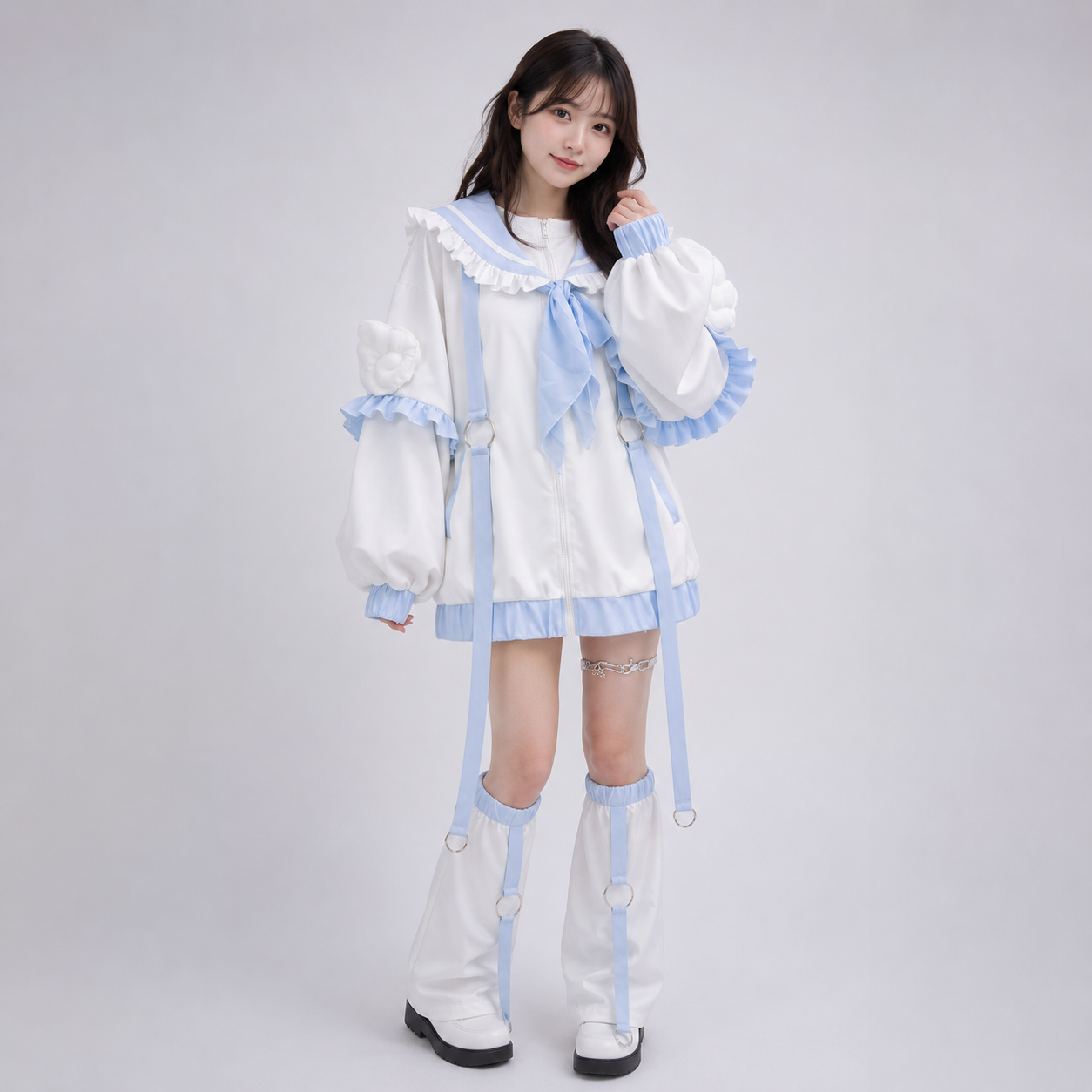 Sweetheart Harajuku White Blue Ruffles Zipper Jacket