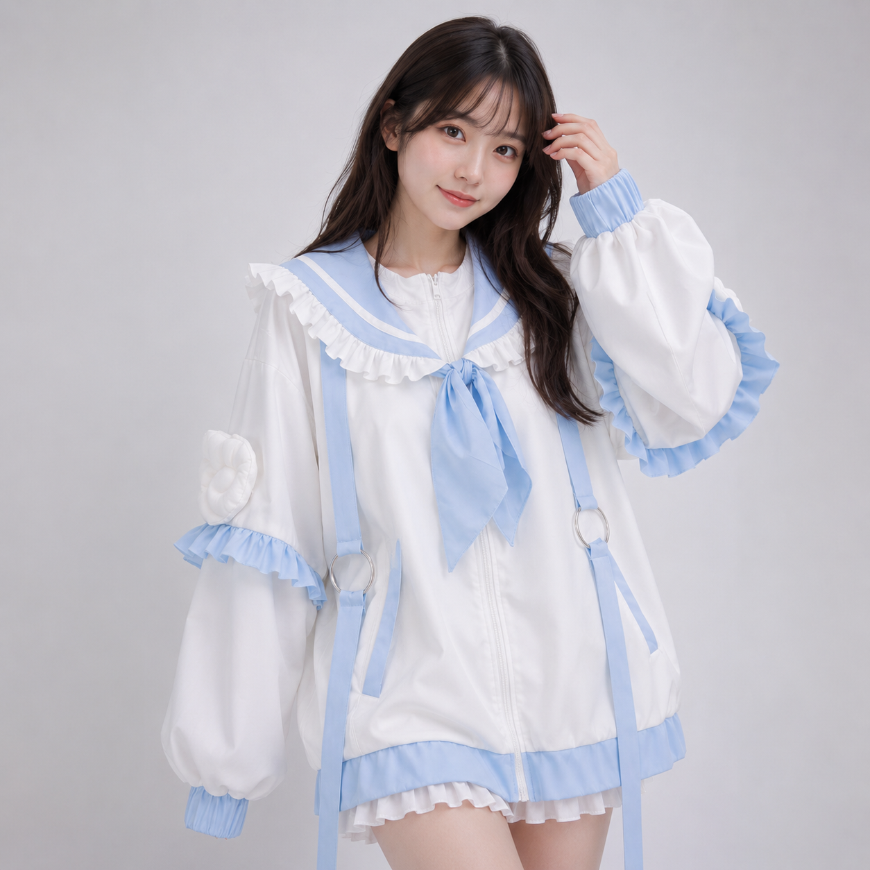 Sweetheart Harajuku White Blue Ruffles Zipper Jacket