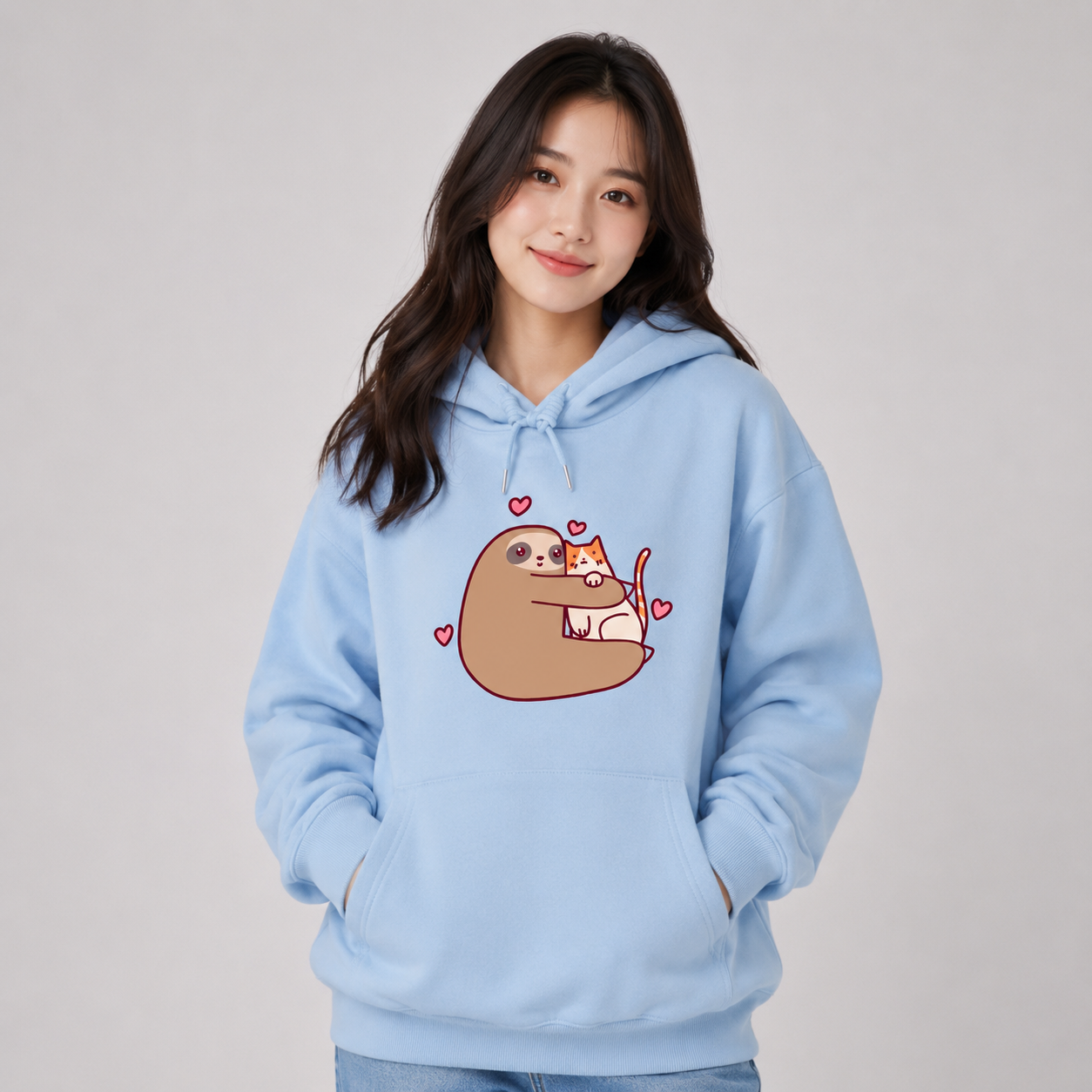 Kawaii Sloth Hugging Cat Unisex Hoodie
