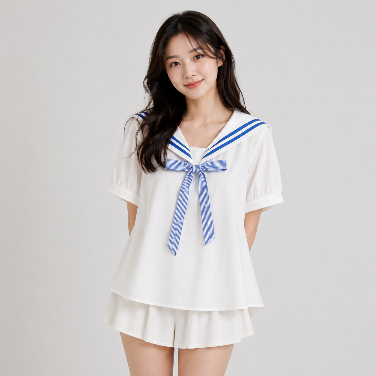 Sailor Moon Inspired Collar White Blue College Shirt Tie Women's  Top