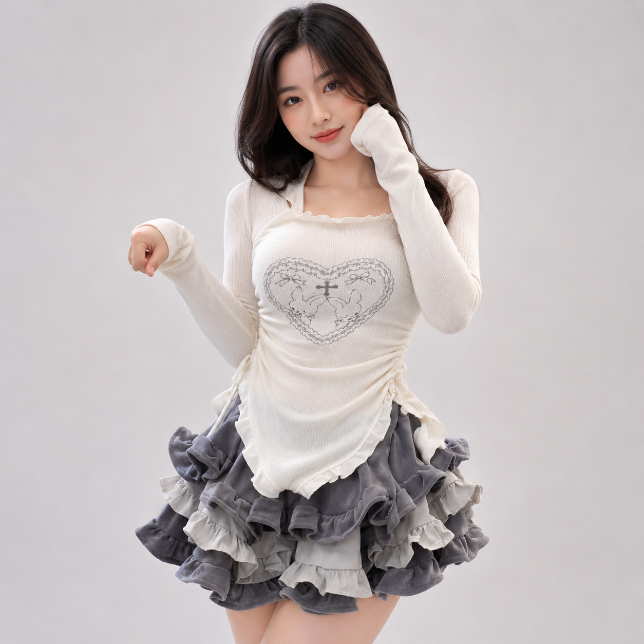Japanese Harajuku Gray White Bunny Ruffled Skirt Top