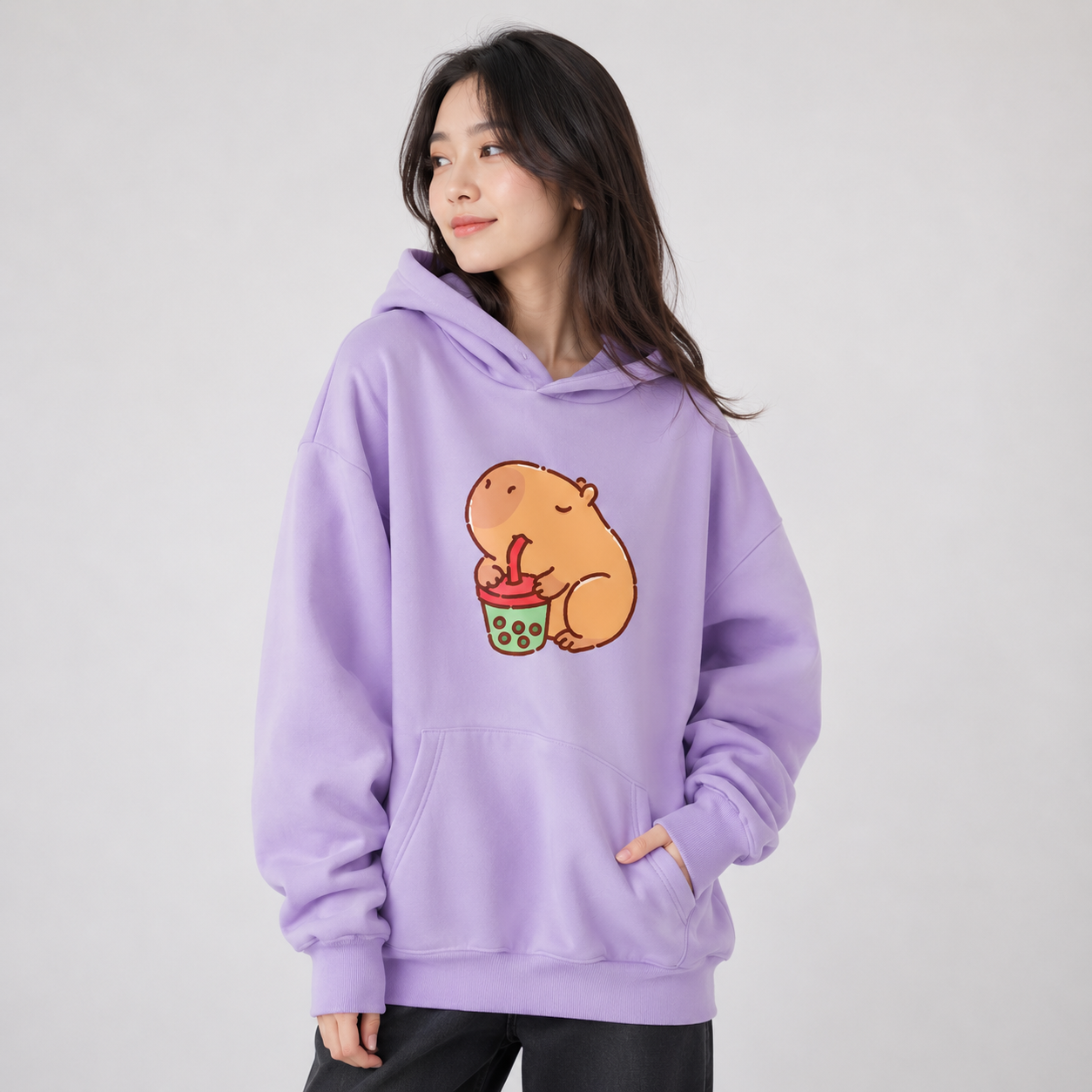 Chonky Capybara Drinking Matcha Bubble Tea Unisex Hoodie