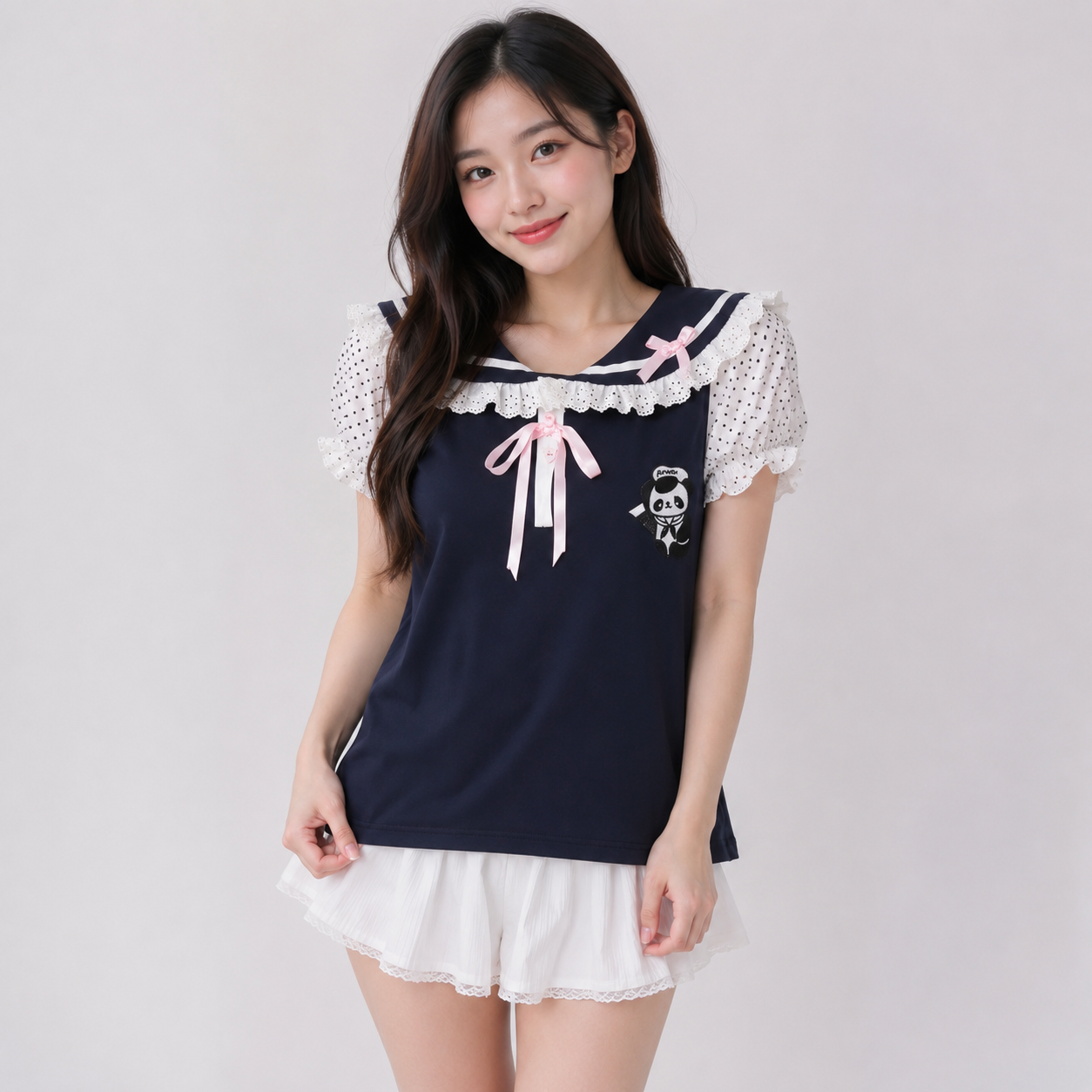 Black Japanese-themed Harajuku Panda Lace Women's Tee
