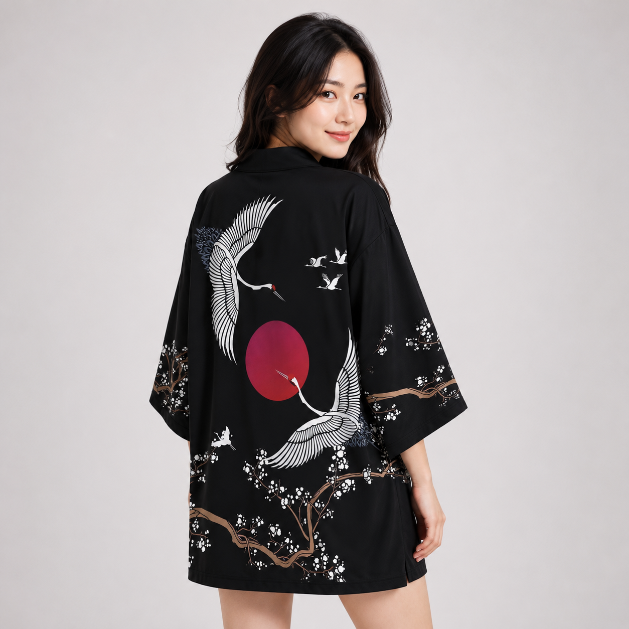 Japanese-themed Red Sun White Cranes Unisex Kimono