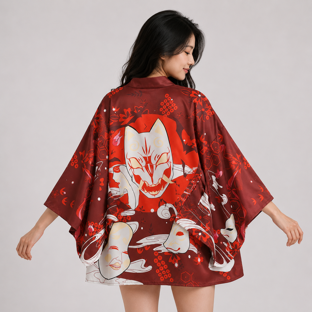 Japanese-themed Red Navy Samurai Cat Mask Unisex Kimono