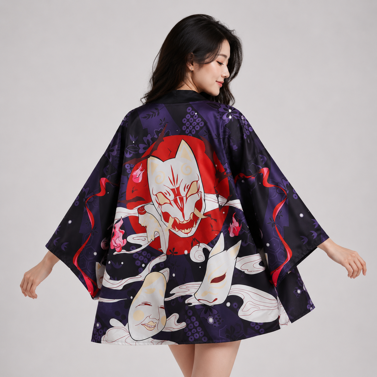 Japanese-themed Red Navy Samurai Cat Mask Unisex Kimono
