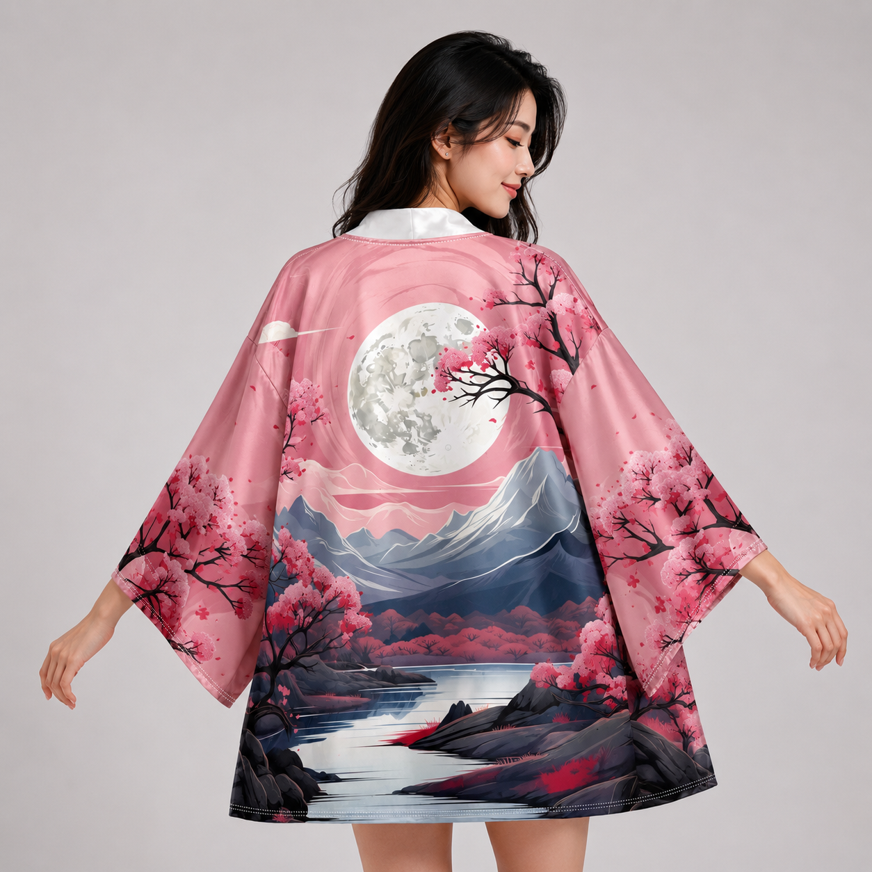 Pink Japanese-themed Sakura Mountains Unisex Kimono