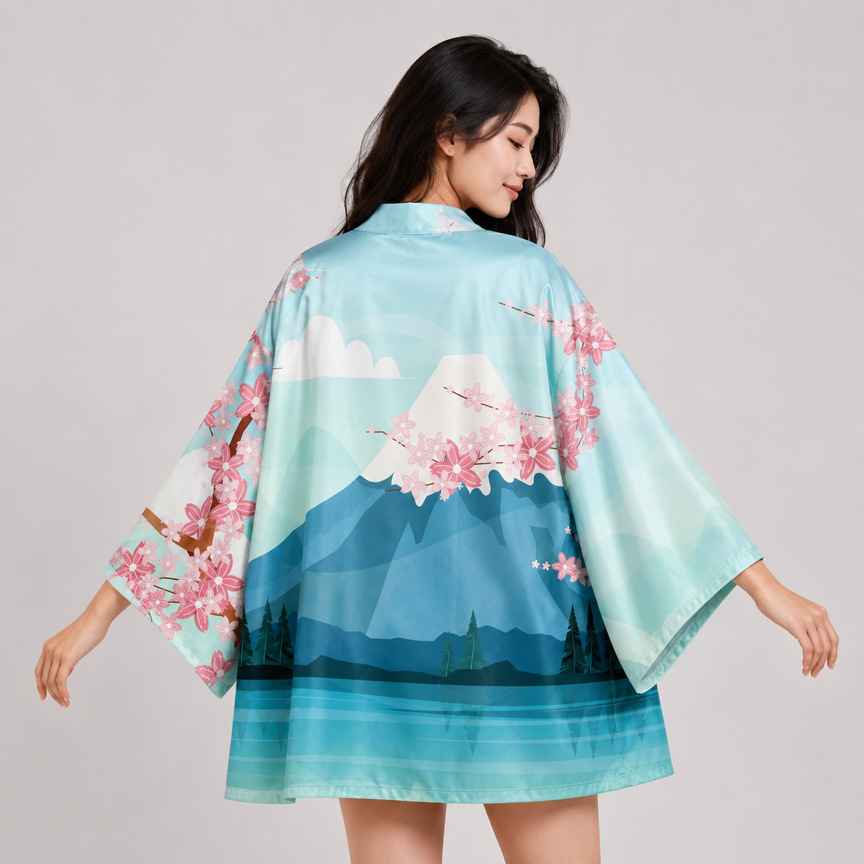 Japanese-themed Mount Fuji Sakura Blue Unisex Kimono