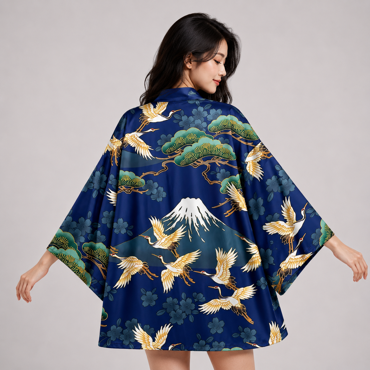 Japanese-themed Cranes Mt Fuji Navy Sun Black Unisex Kimonos