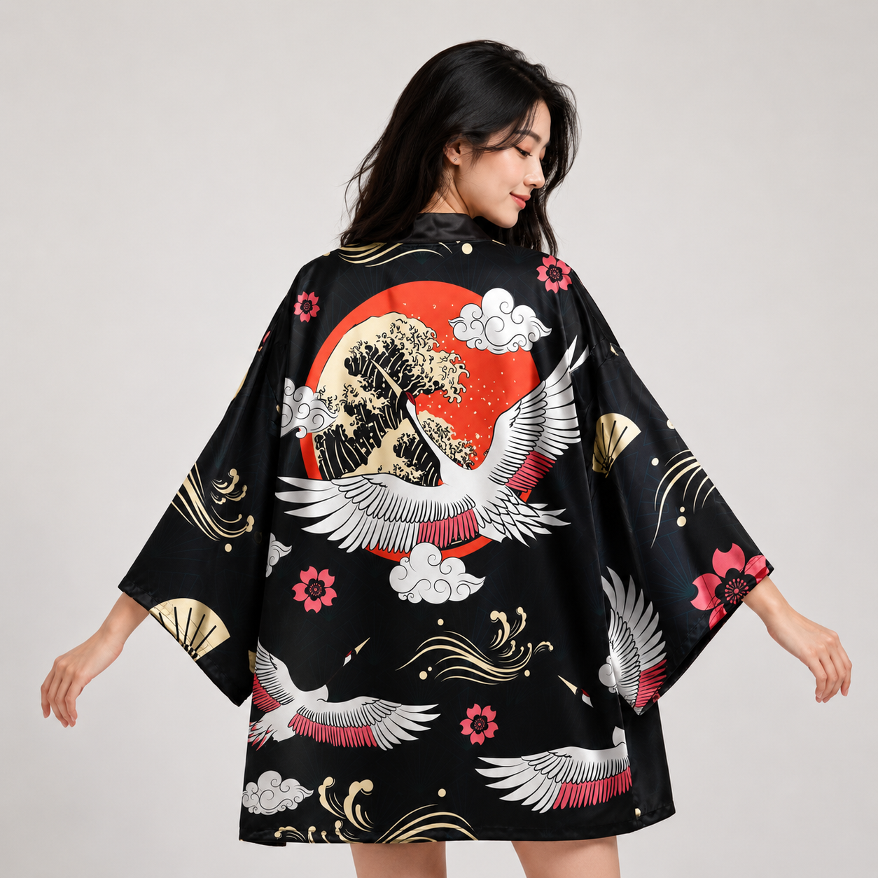 Japanese-themed Cranes Mt Fuji Navy Sun Black Unisex Kimonos