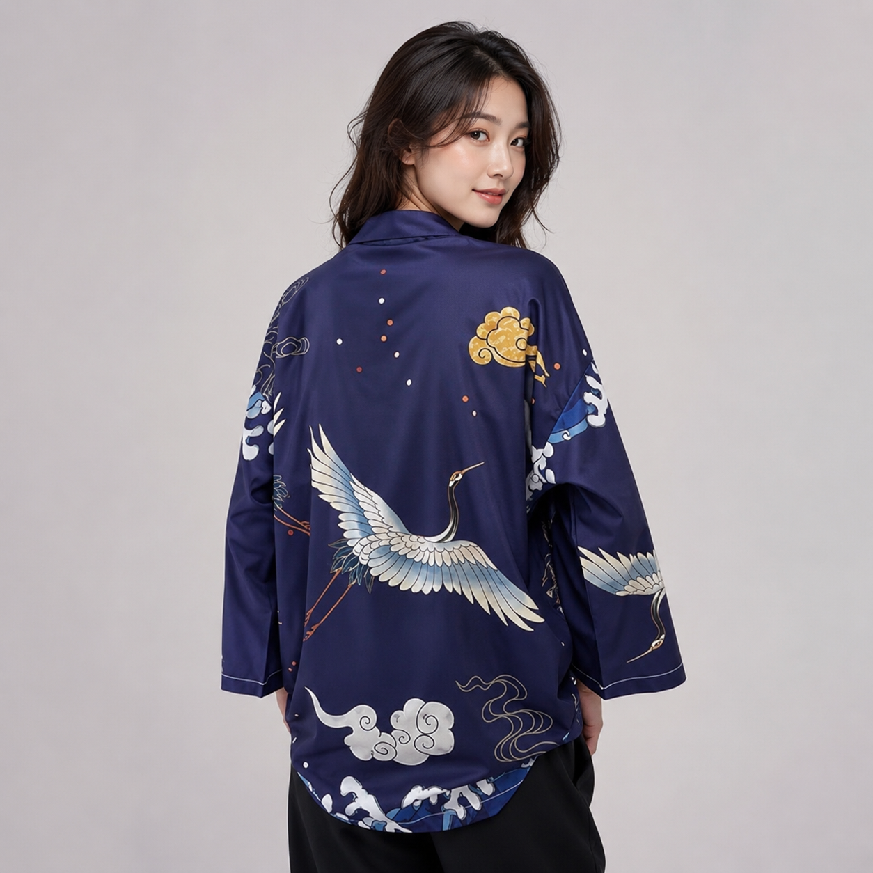 Japanese-themed Crane Cloudy Waves Unisex Purple/White Kimono