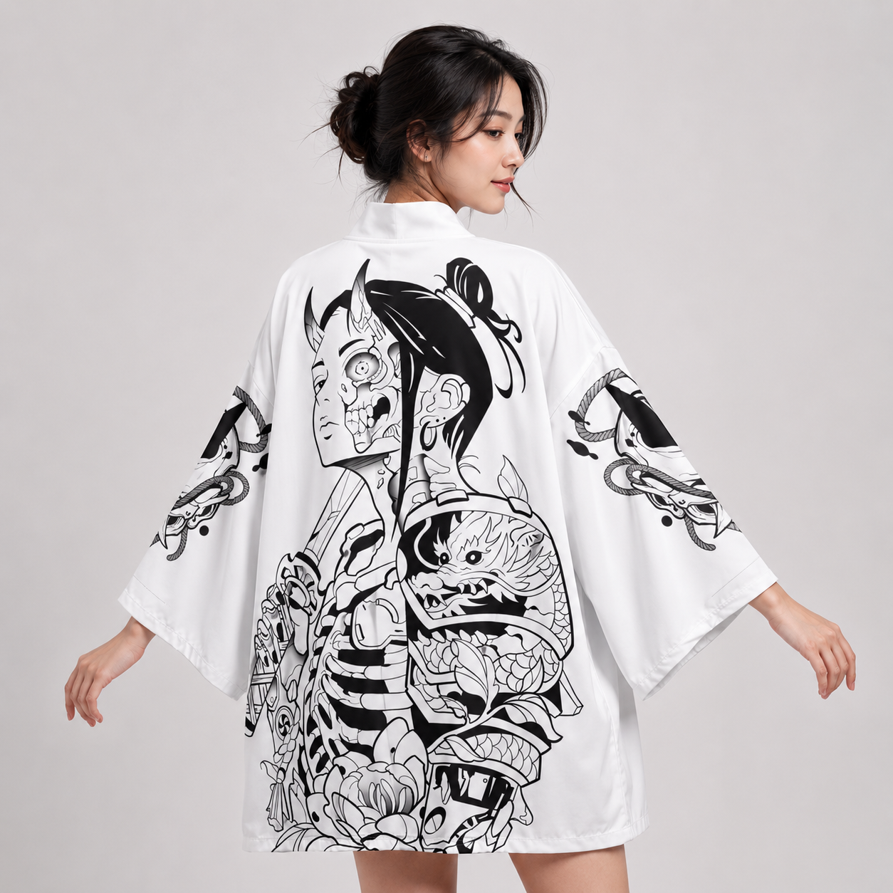 White Japanese-themed Skeleton Samurai Print Unisex Kimono