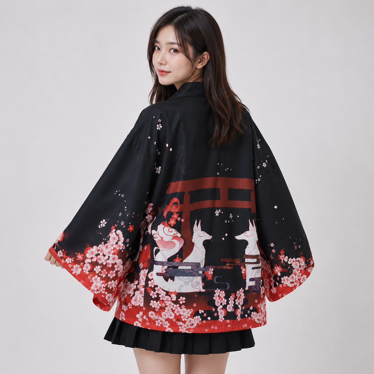 Japanese-themed Black Red Fox Snake Shrine Women's Kimono